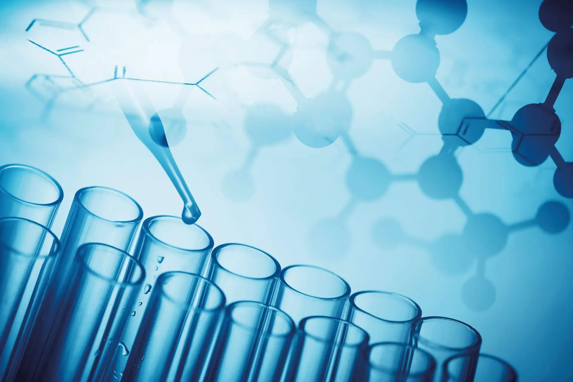 Test tubes and pipette with droplets. Resolian Bioanalytics and Analytical Sciences.