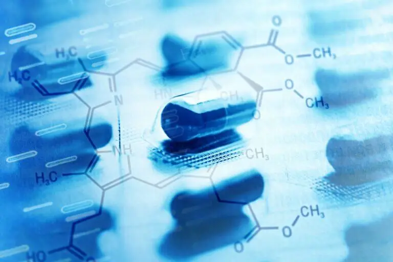 Pills with chemical structure overlay. Resolian Bioanalytics and Analytical Sciences.